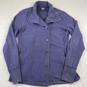 REI Cardigan Button Front Sweater Women M Blue High Neck Pockets Ribbed Cuffs